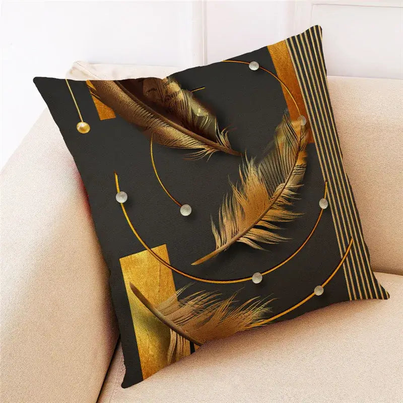 Teal and gold ginkgo leaves linen cushion cover living room