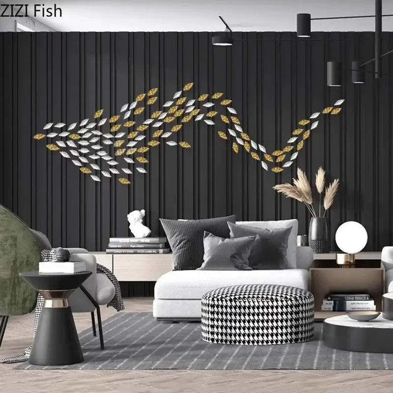 Modern gold & silver metallic fish wall hanging – living room art