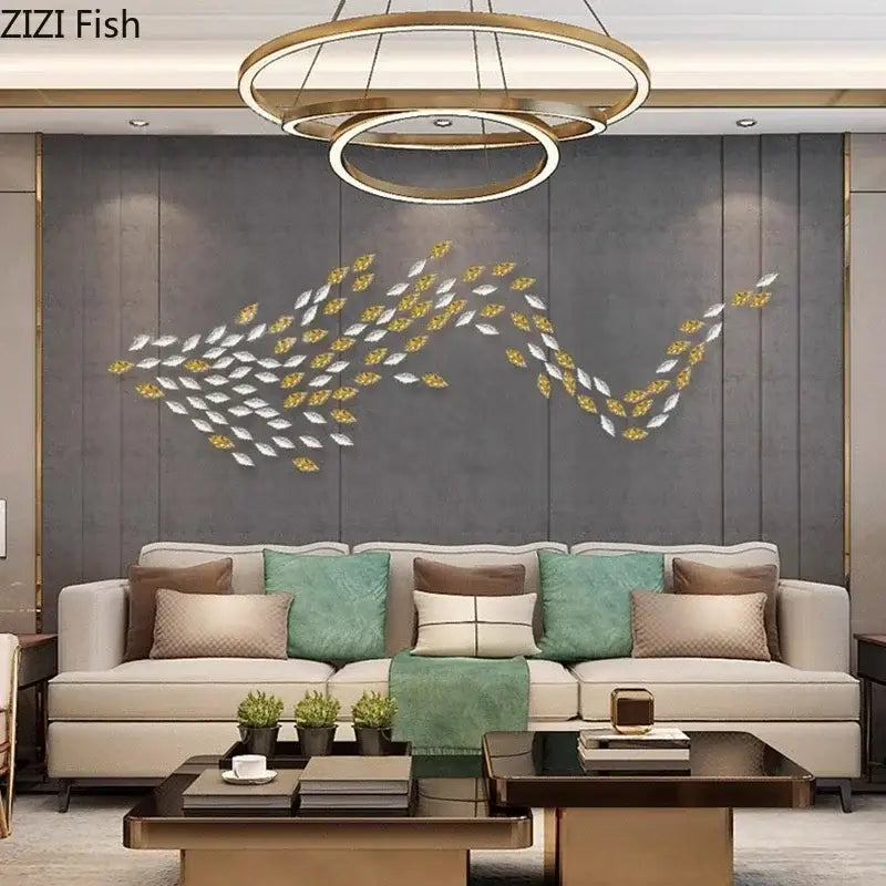Modern gold & silver metallic fish wall hanging – living room art