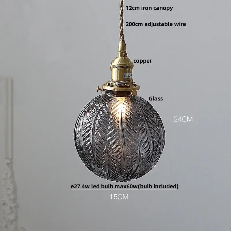 Etched leaf clear glass and brass pendant light fixture bedroom
