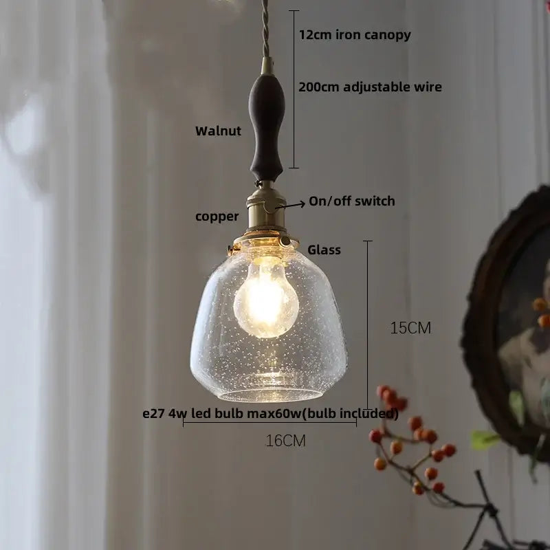 Modern walnut & copper led pendant lamp dining room glass sphere