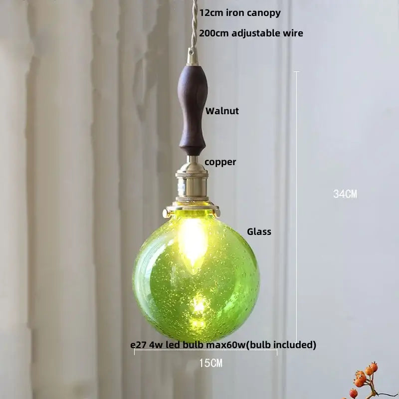Modern walnut & copper led pendant lamp dining room glass sphere