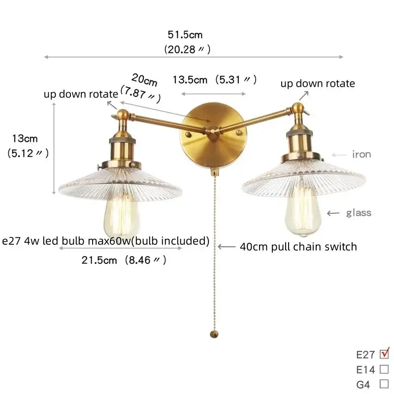 Industrial chrome glass 2-light wall sconce with pull chain for bedroom