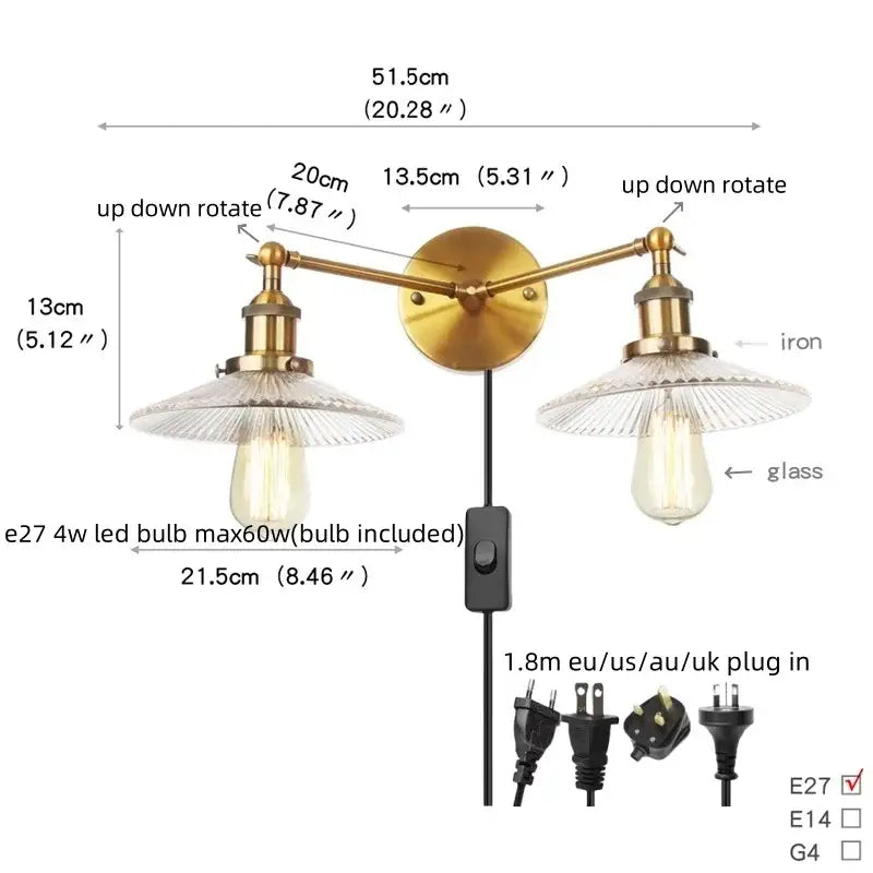 Industrial chrome glass 2-light wall sconce with pull chain for bedroom