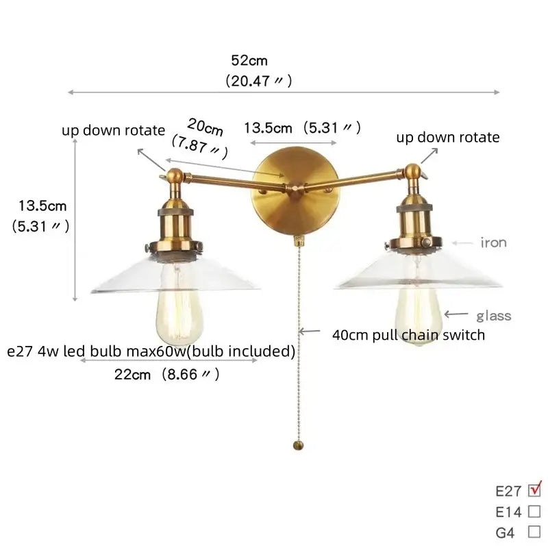 Industrial chrome glass 2-light wall sconce with pull chain for bedroom