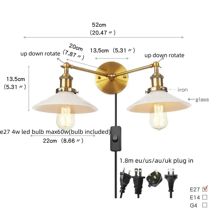 Industrial chrome glass 2-light wall sconce with pull chain for bedroom