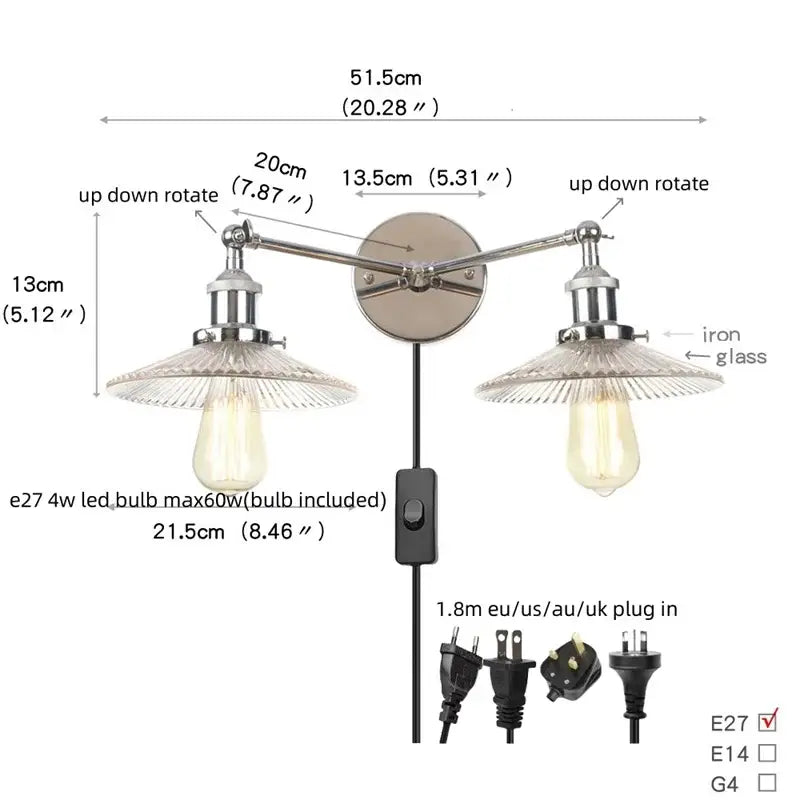 Industrial chrome glass 2-light wall sconce with pull chain for bedroom