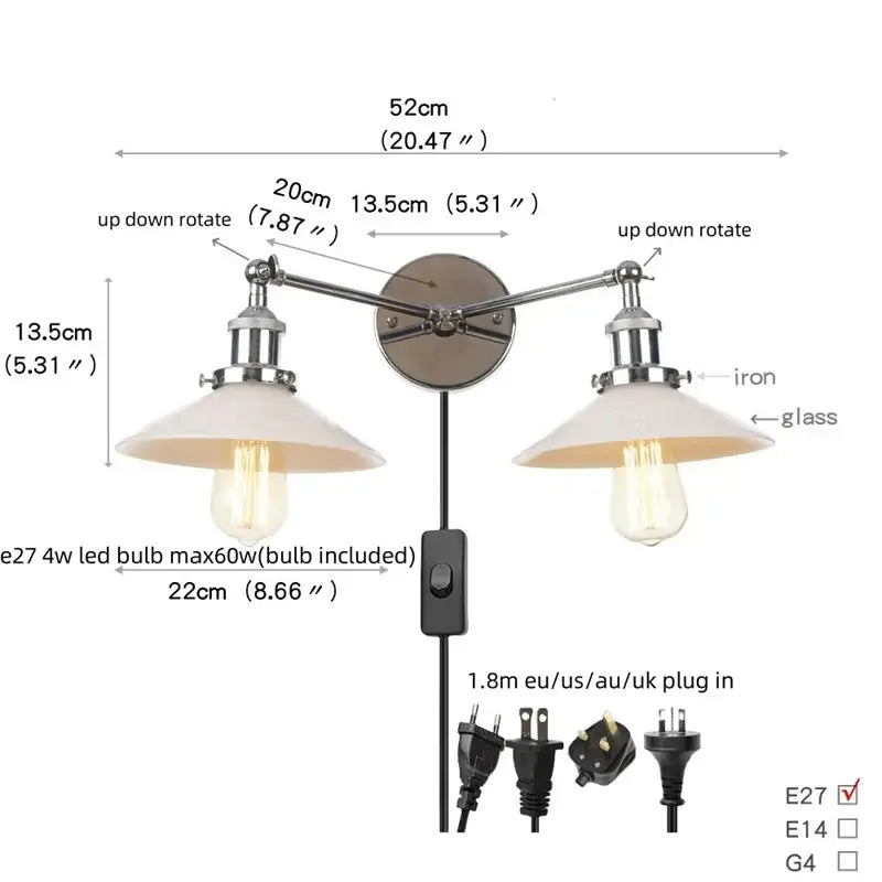 Industrial chrome glass 2-light wall sconce with pull chain for bedroom
