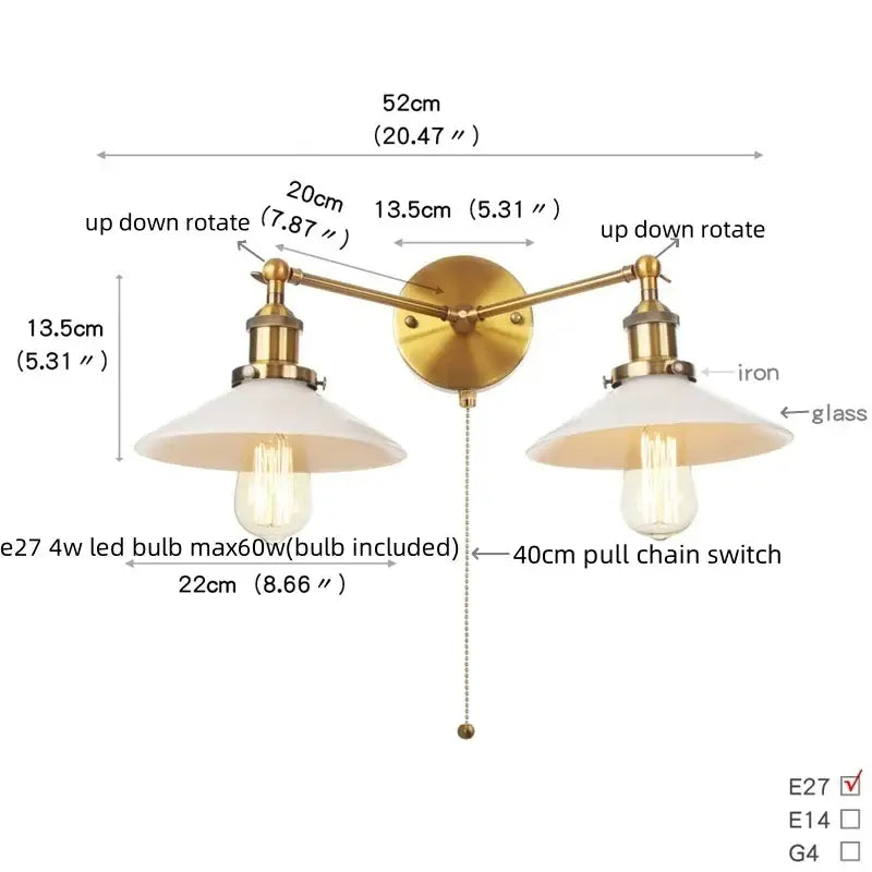 Industrial chrome glass 2-light wall sconce with pull chain for bedroom
