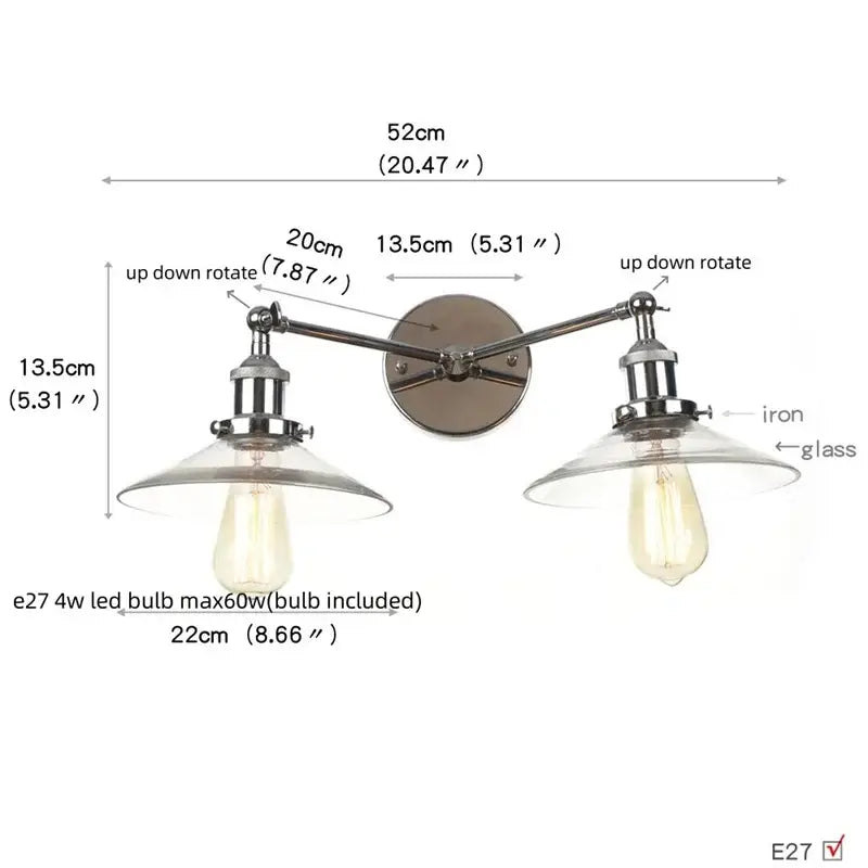 Industrial chrome glass 2-light wall sconce with pull chain for bedroom