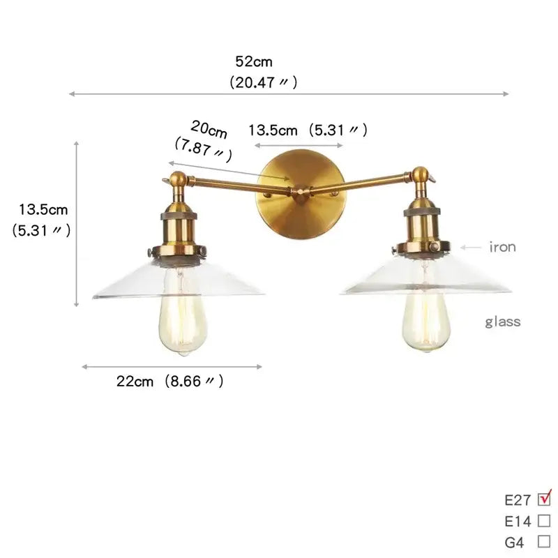 Industrial chrome glass 2-light wall sconce with pull chain for bedroom