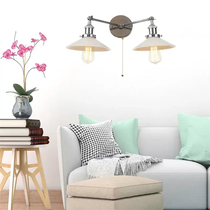 Industrial chrome glass 2-light wall sconce with pull chain for bedroom