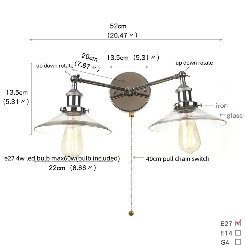 Industrial chrome glass 2-light wall sconce with pull chain for bedroom