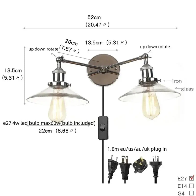 Industrial chrome glass 2-light wall sconce with pull chain for bedroom