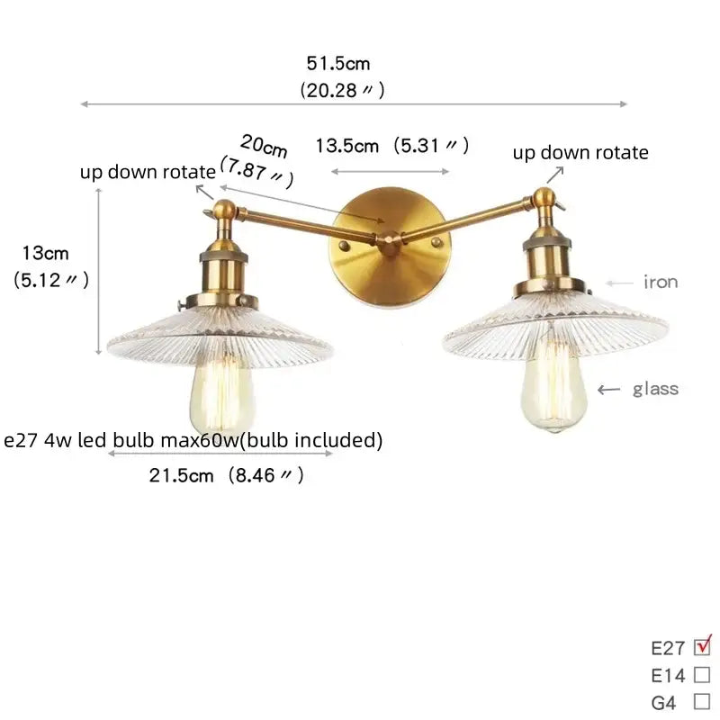 Industrial chrome glass 2-light wall sconce with pull chain for bedroom