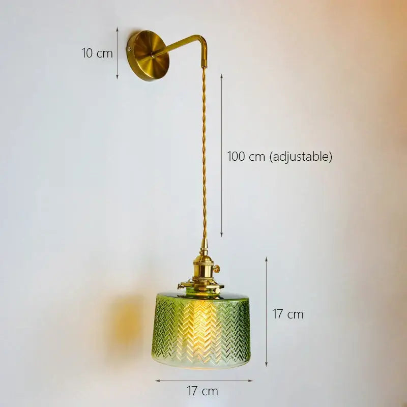 Vintage brass and green glass adjustable led wall light bedroom