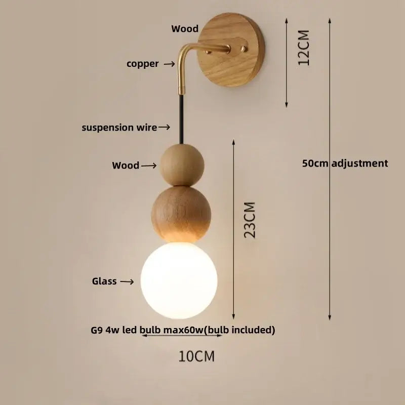 Modern wood and glass adjustable wall light for bedroom
