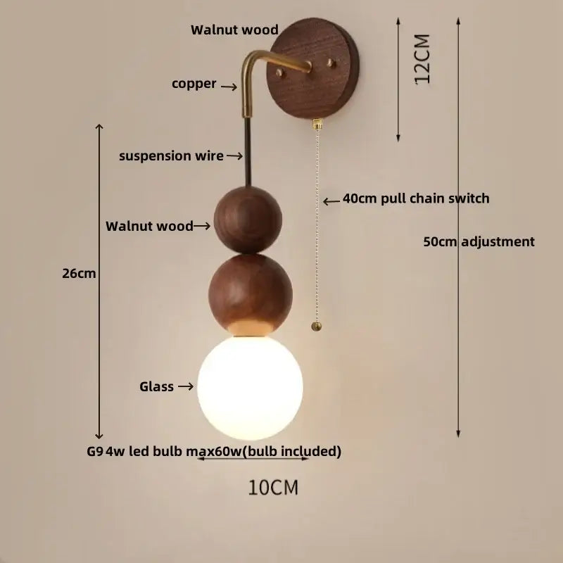 Modern wood and glass adjustable wall light for bedroom