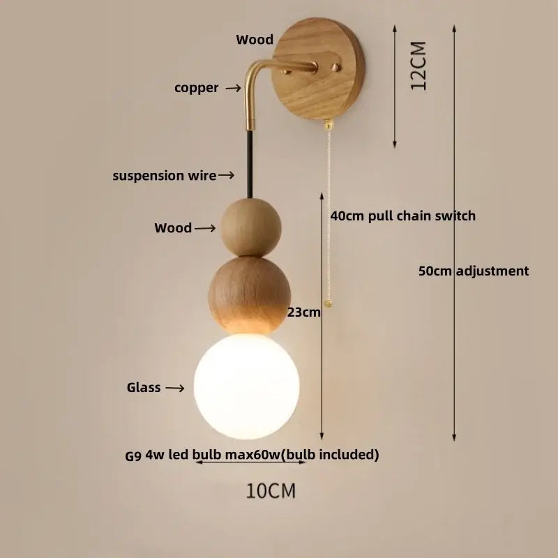 Modern wood and glass adjustable wall light for bedroom