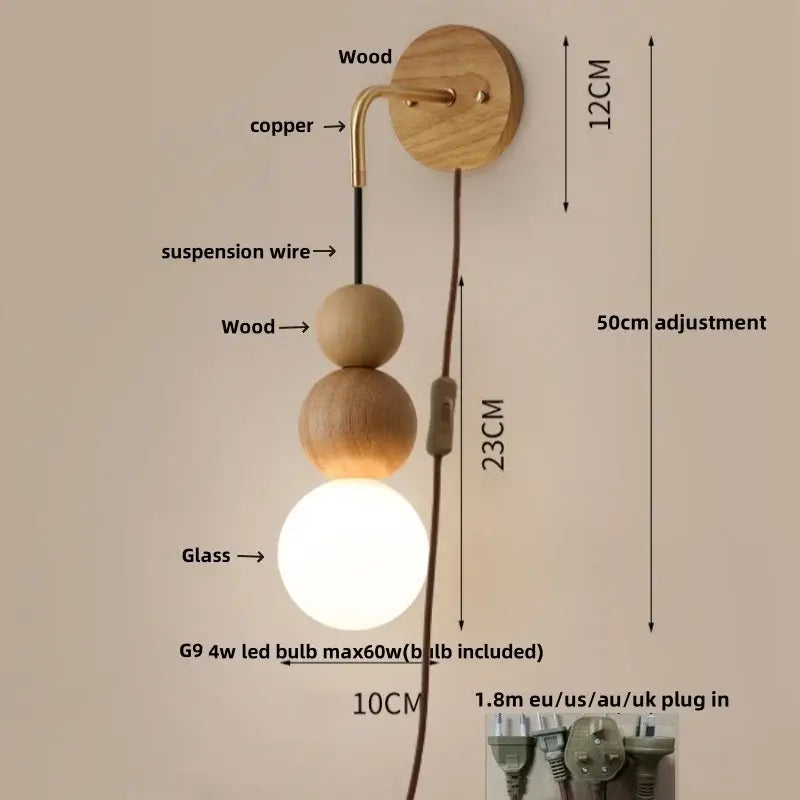 Modern wood and glass adjustable wall light for bedroom