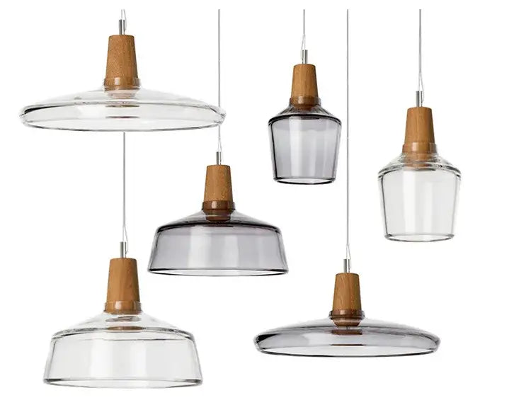 Modern retro smoked glass and wood pendant light dining room set