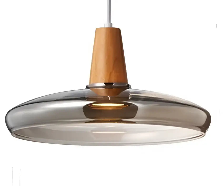 Modern retro smoked glass and wood pendant light dining room set