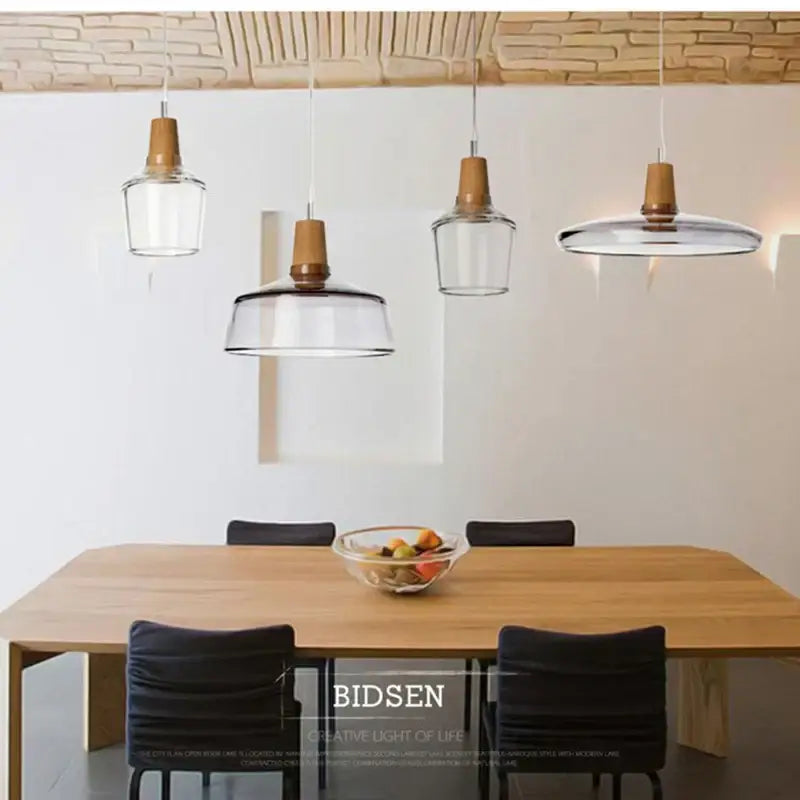Modern retro smoked glass and wood pendant light dining room set