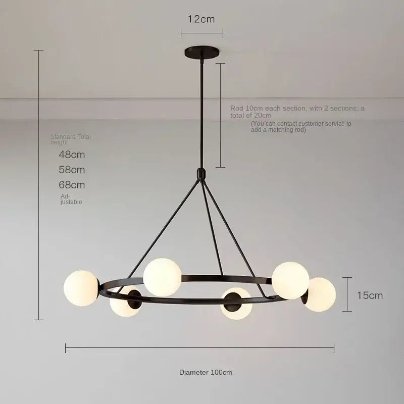 Modern black six light glass ball chandelier dining room pendant light