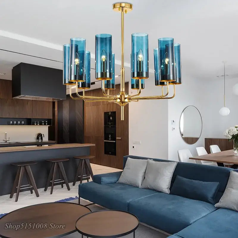 Decorbites glass chandelier blue and gold luxury dining room light