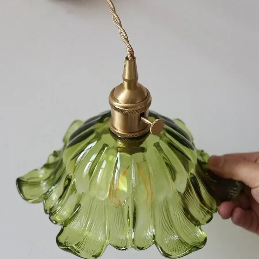 Antique brass green flower led wall sconce bedroom light with pull chain