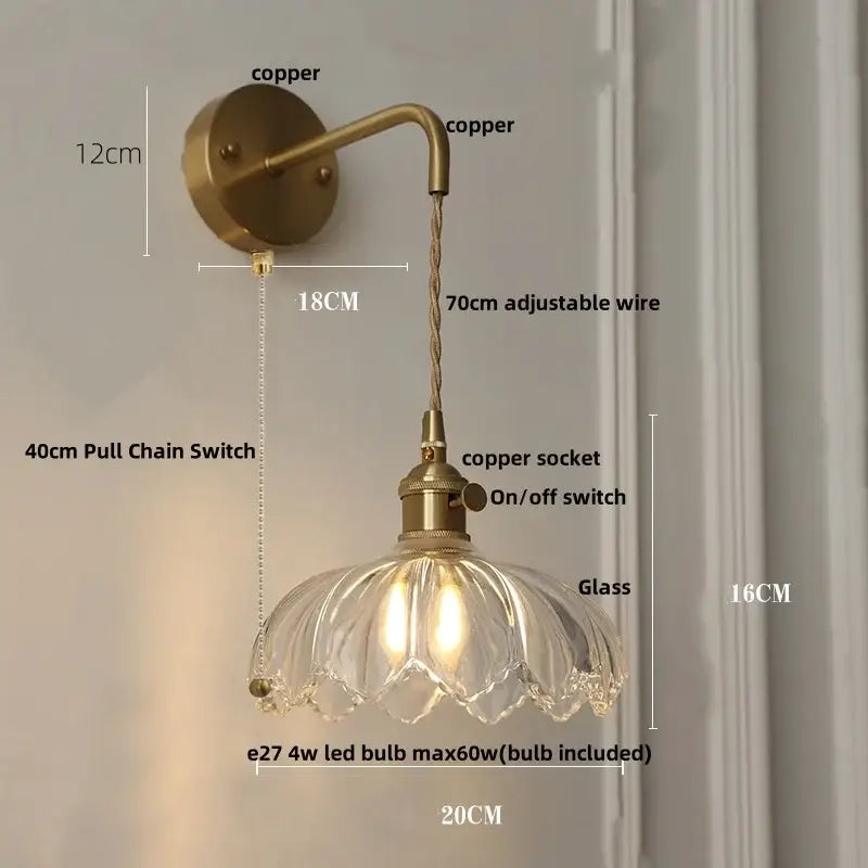 Antique brass green flower led wall sconce bedroom light with pull chain