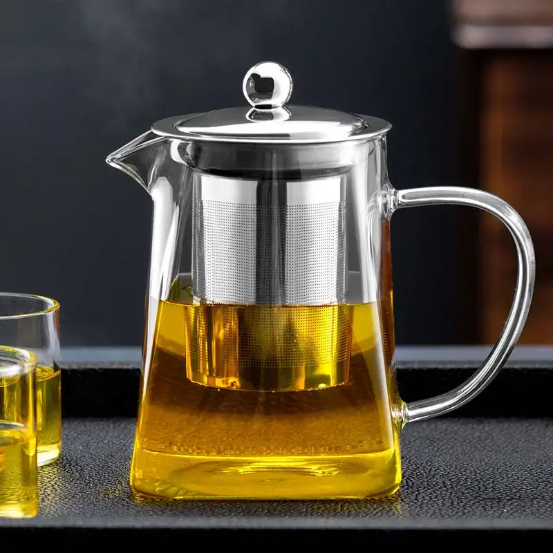 Modern clear glass tea pot with stainless steel filter kitchen set
