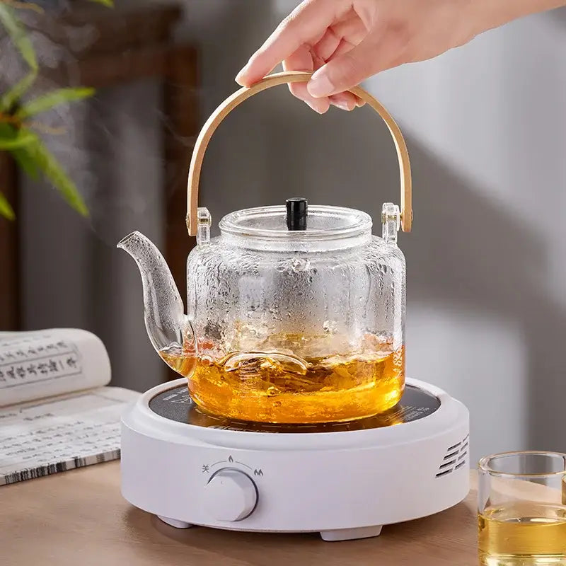 Modern glass tea pot with bamboo handle and electric base kitchen