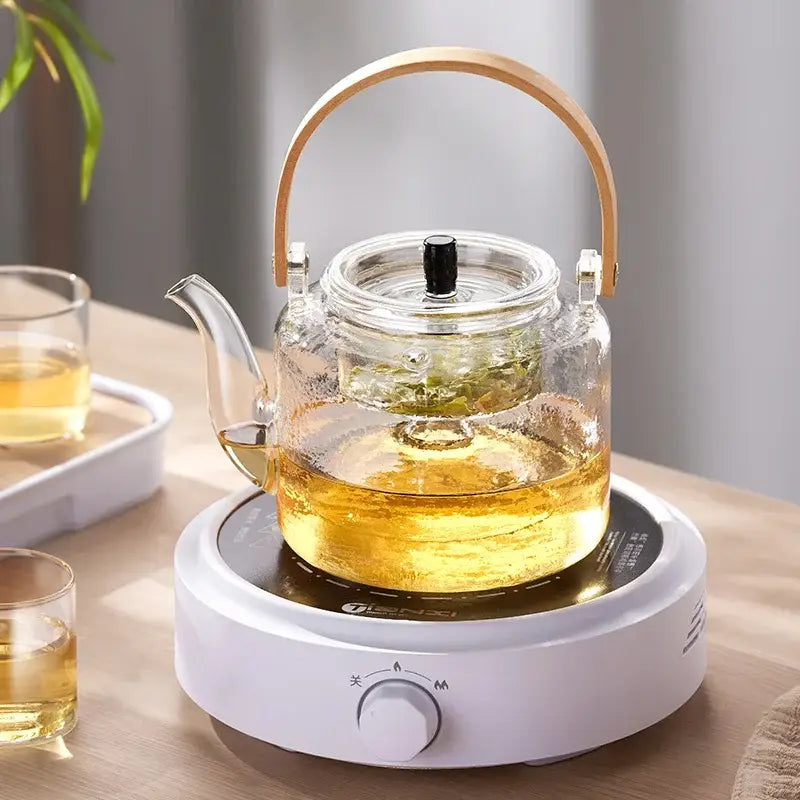 Modern glass tea pot with bamboo handle and electric base kitchen