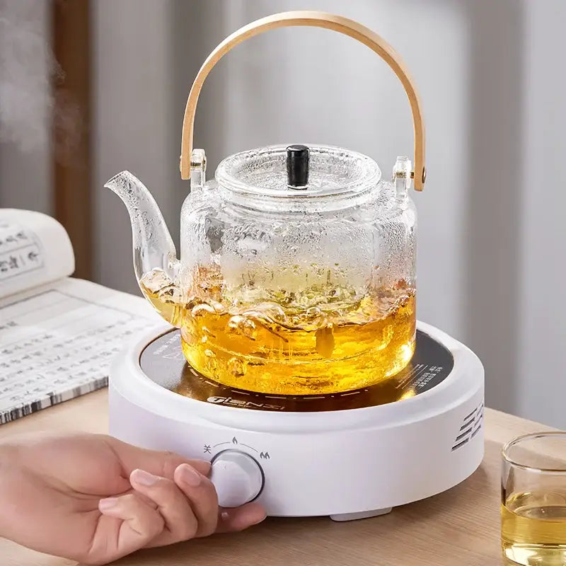 Modern glass tea pot with bamboo handle and electric base kitchen
