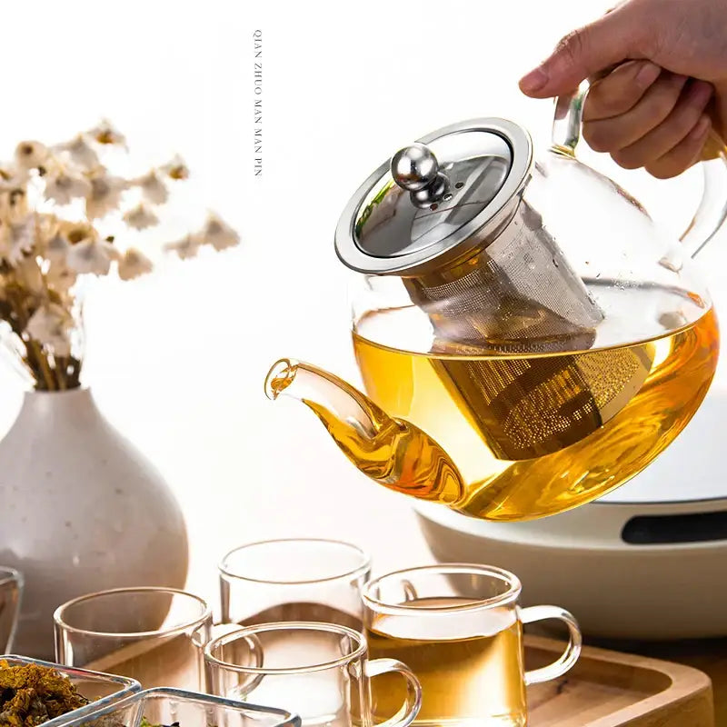 Modern glass tea pot with stainless steel filter kitchen steeper