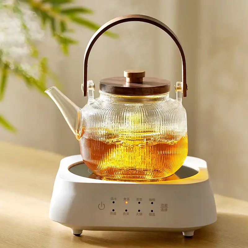 Modern glass tea pot with wooden handle kitchen steaming set