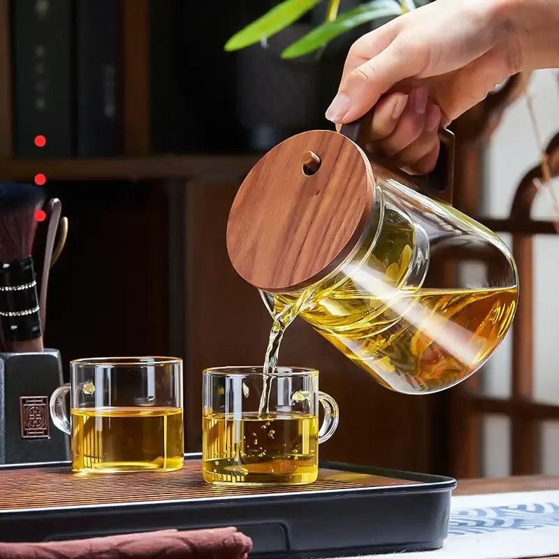 Modern glass teapot filter kettle with wood handle kitchen tea maker