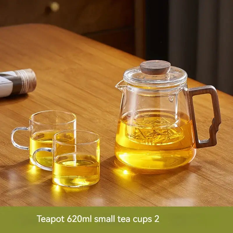 Modern glass teapot with filter and brown handle – kitchen tea set