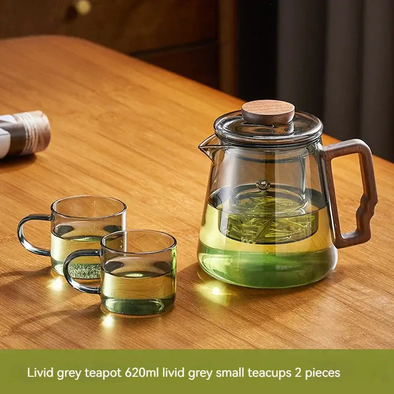 Modern glass teapot with filter and brown handle – kitchen tea set