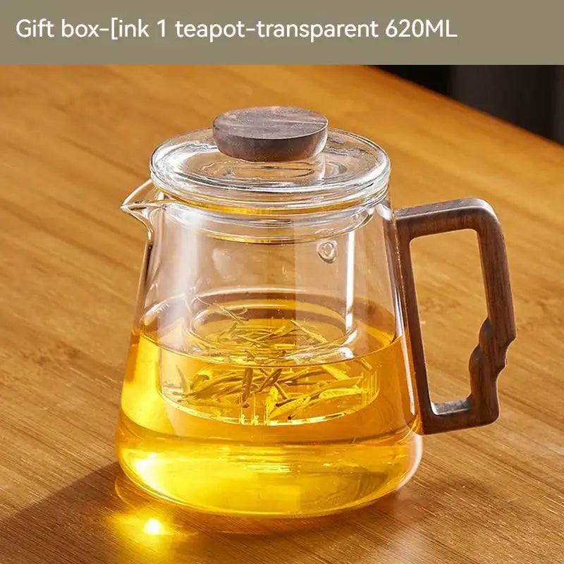 Modern glass teapot with filter and brown handle – kitchen tea set