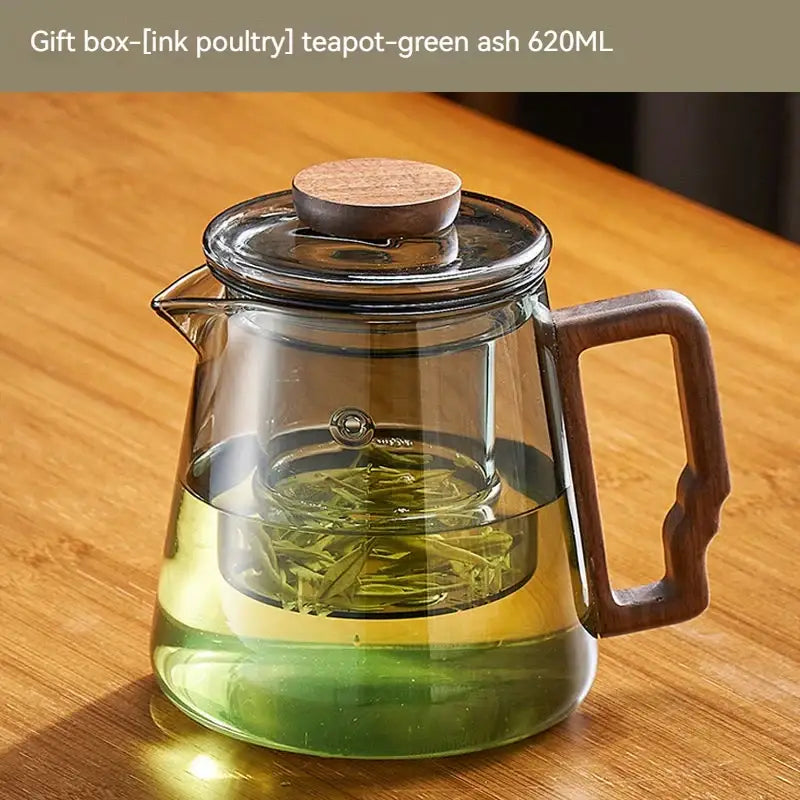 Modern glass teapot with filter and brown handle – kitchen tea set