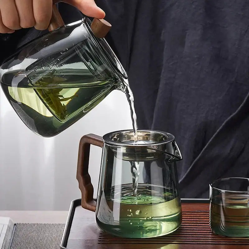 Modern glass teapot with filter and brown handle – kitchen tea set