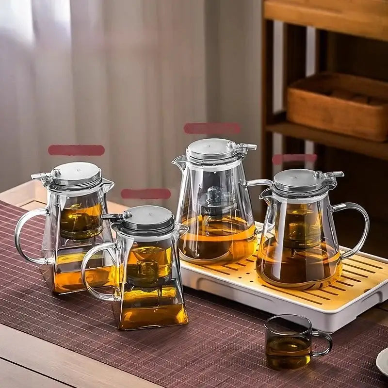 Modern clear glass teapot with silver filter – kitchen tea set