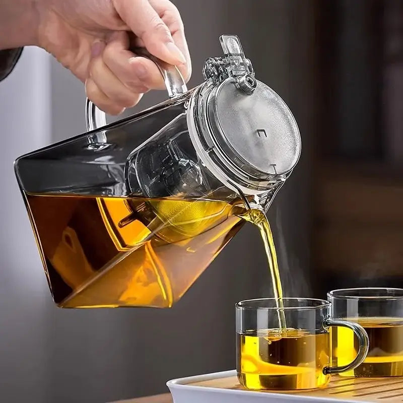 Modern clear glass teapot with silver filter – kitchen tea set