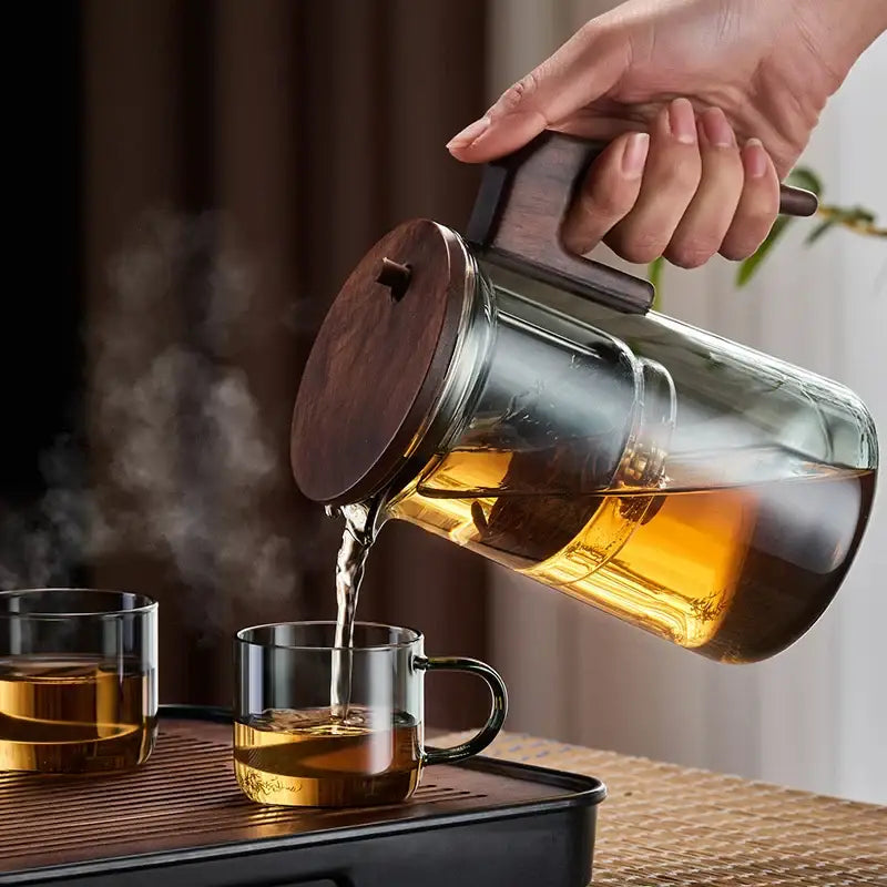 Modern glass teapot with wood handle – kitchen infuser kettle