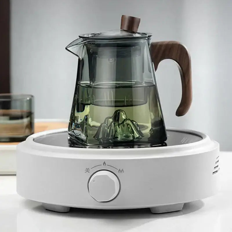 Mountain base glass teapot with wood handle – kitchen infuser teaware