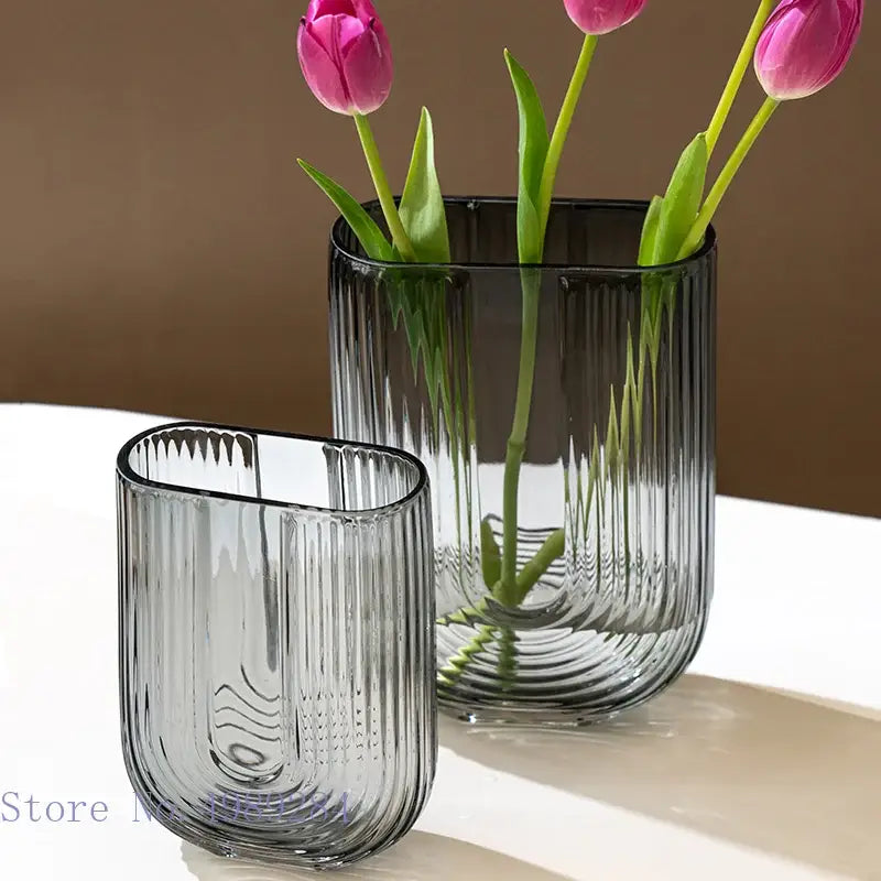 Modern ribbed gray glass vase living room flower arrangement decor