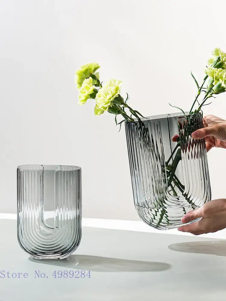 Modern ribbed gray glass vase living room flower arrangement decor