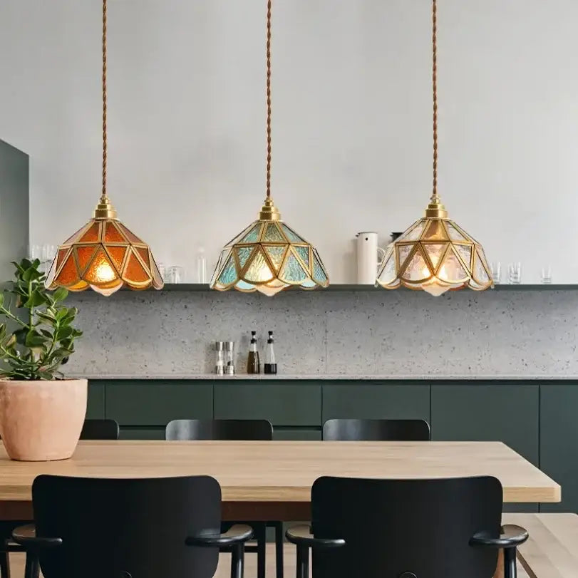 Vintage amber & teal glass pendant lights kitchen chandelier